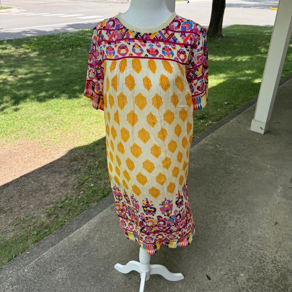 Tanvi Kedia x Anthro Caltha Swing Dress Embroidered Boho Yellow Floral Sequin S